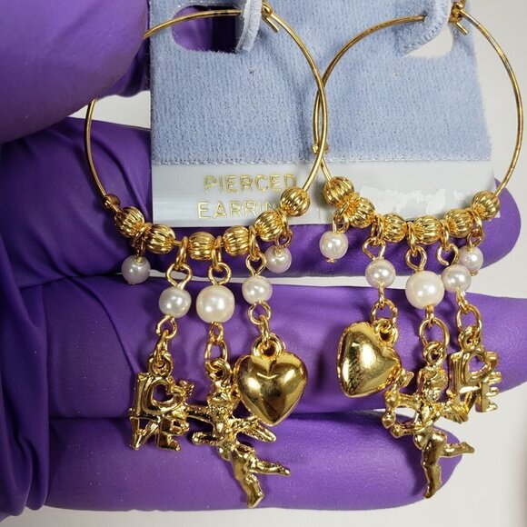 Women's Polished Gold tone Beaded Hoop Design Drop Earrings - Dangling Charms - Picture 3 of 5